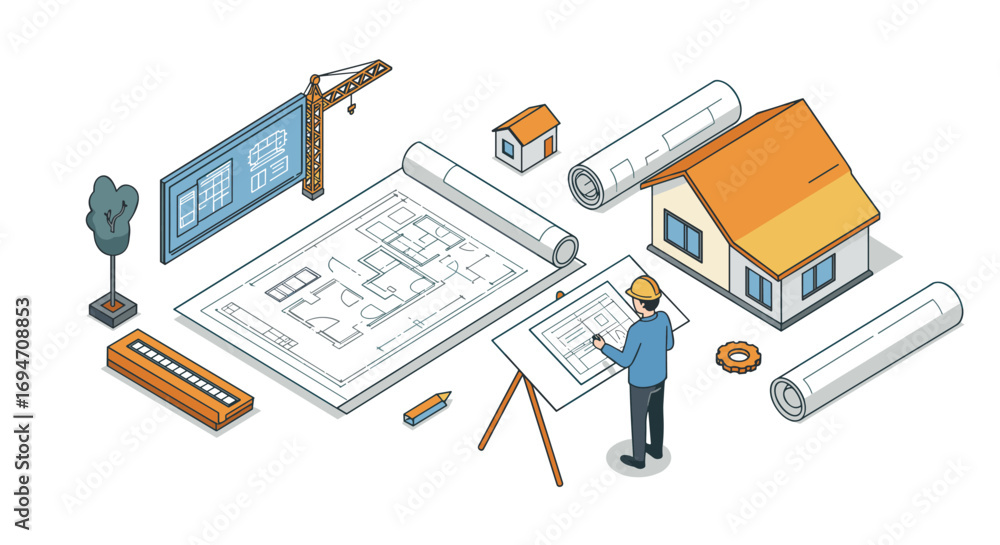 Poster isometric architectural design scene with plans and engineer in action