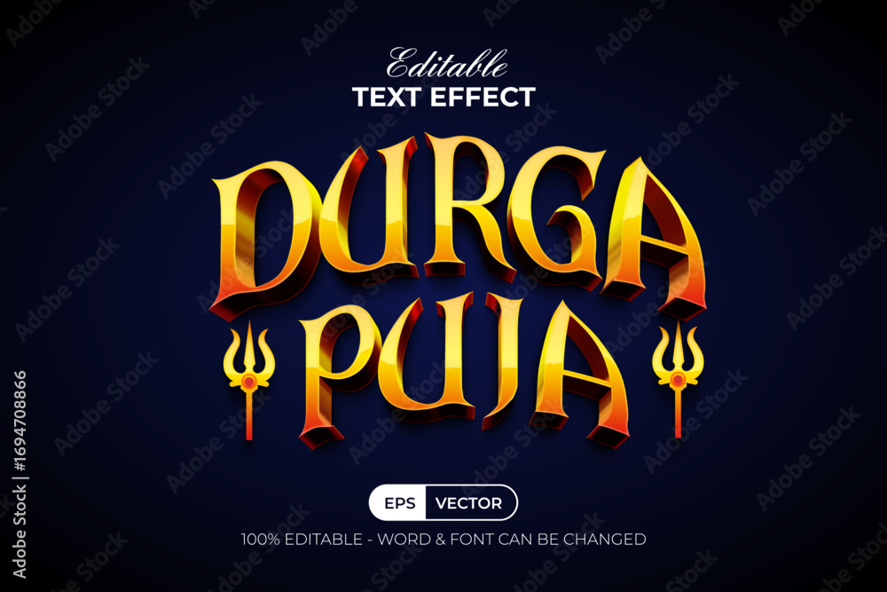 Aufkleber durga puja text effect gold 3d style. editable text effect.