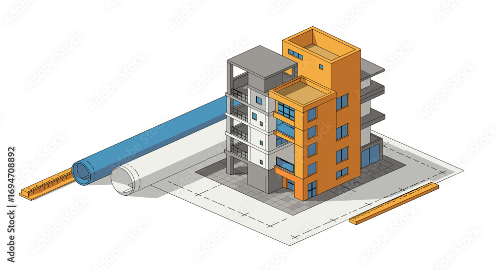 Poster isometric architectural blueprint with modern building design and tools