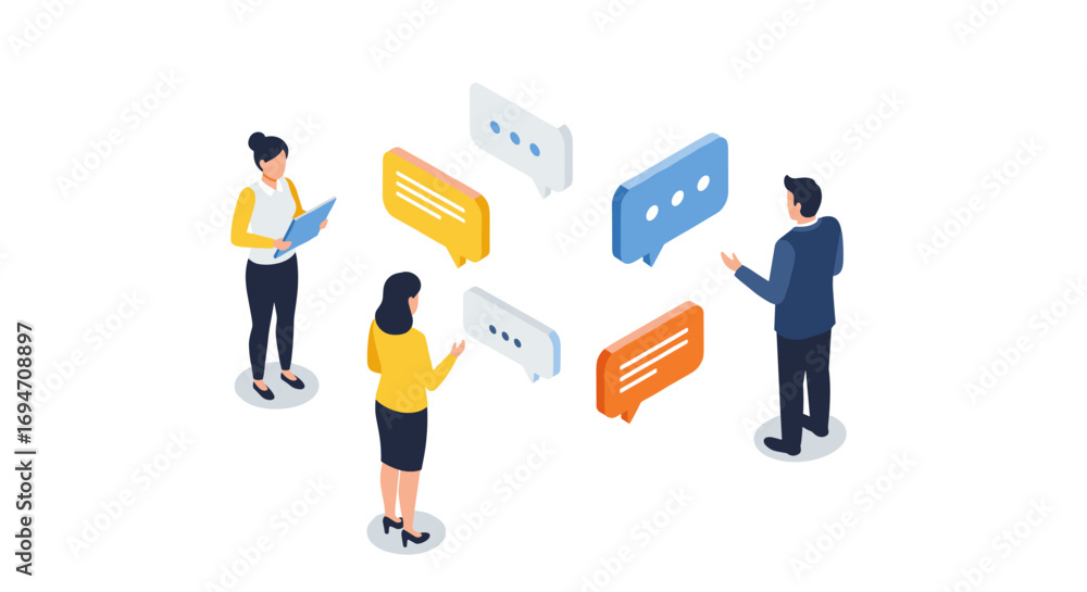 Poster isometric team communication with speech bubbles in business setting