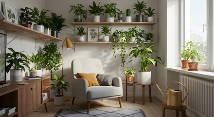 Serene Indoor Garden Living Space with Numerous Houseplants and Stylish Furniture