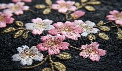 Close-up of intricate embroidered cherry blossoms on dark fabric