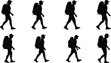 Backpack Walking Silhouettes in Repeated Mid-Stride Pose with Cap on White Background for Travel, Animation, and Design Content