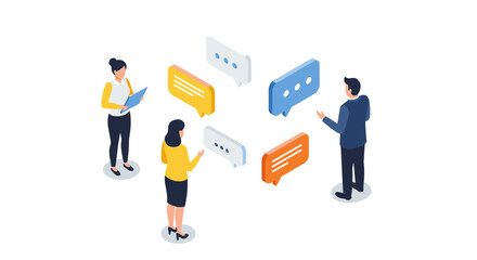 Isometric team communication with speech bubbles in business setting