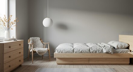 Cozy Scandinavian Bedroom with Wooden Dresser, Minimalist Bed, and Warm Tones