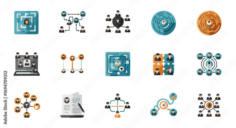 Poster isometric teamwork icons collection featuring networking and communication concepts