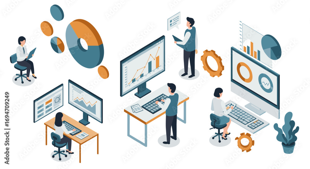 Aufkleber business analytics team working on data visualization and decision-making processes in isometric off
