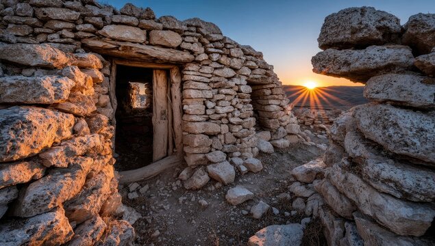 Ancient stone ruins at sunrise, sun rays bursting through
