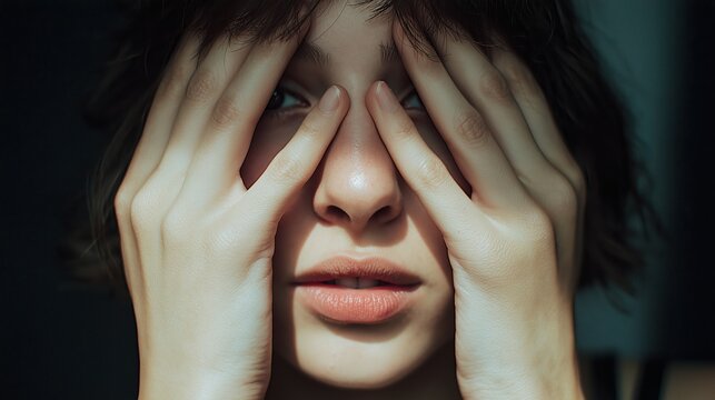 Jeune femme couvrant ses yeux avec ses mains dans une pose contemplative