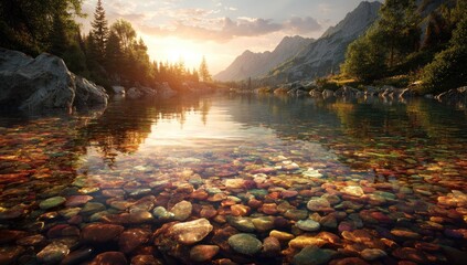 Mountain lake at sunset.  Crystal clear water