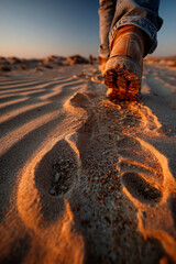 Walking boot on sandy desert ground with visible footprint in warm light, symbolizing journey and challenges in global supply chain and inflation impact on trade