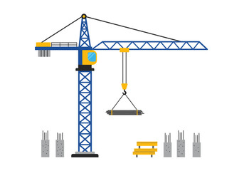 A blue construction crane lifts black pipes near gray concrete blocks and a yellow bench