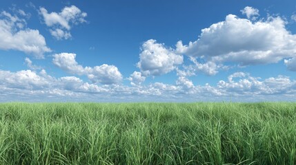 Lush green grass field under a partly cloudy blue sky