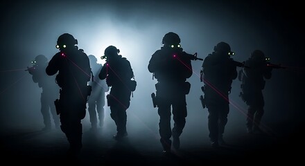 Silhouette of a special forces team advancing through smoke, armed with rifles and laser sights, representing tactical precision and covert operations