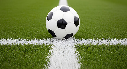 Fototapeta premium A classic black and white soccer ball rests at the center of a freshly marked field.