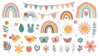 Pastel springtime bohemian vector elements set featuring rainbows and cute animals