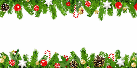 Festive christmas garland border with pine needles ornaments candy canes and pinecones © Kopil