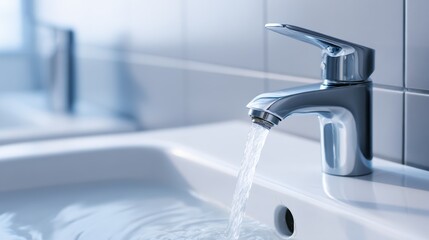 Modern bathroom faucet with flowing water, reflecting light, creating a serene atmosphere
