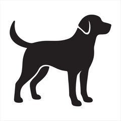 Black silhouette of a labrador retriever dog standing alertly on a white background