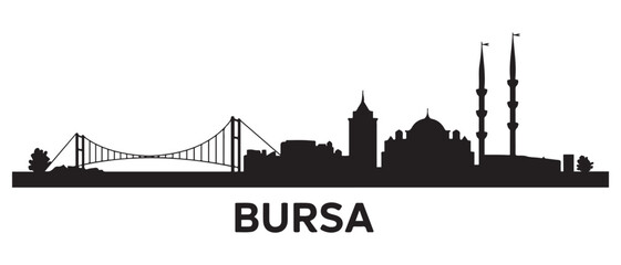 Naklejka premium Bursa skyline silhouette. Black Bursa city design. Vector black silhouette. with white background