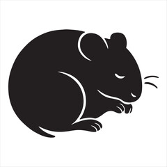 Simple black silhouette of a cute curled up mouse with closed eyes and whiskers on a white background