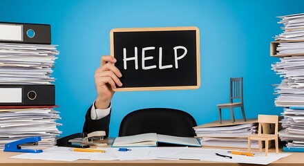 Overwhelmed office worker seeking help amidst paperwork, holding a sign with the word help written on it, surrounded by stacks of documents and files