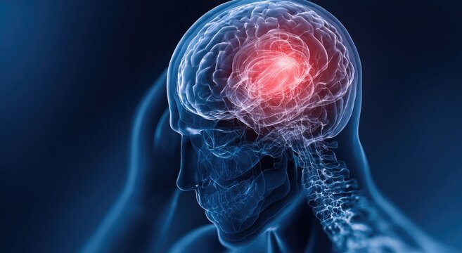 3D medical illustration of a human head and brain with highlighted area