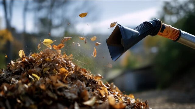 A garden blower blows a pile of dry autumn leaves into the air against a backdrop of trees