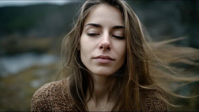 A young woman with closed eyes stands in nature as dry leaves swirl around her and her hair flows in the wind