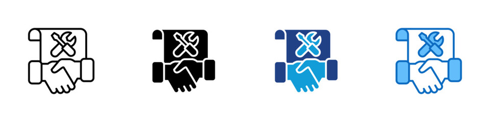 Service Agreement Multiple Style Icon Design Vector - Handshake under a service contract scroll, representing maintenance agreement or partnership terms