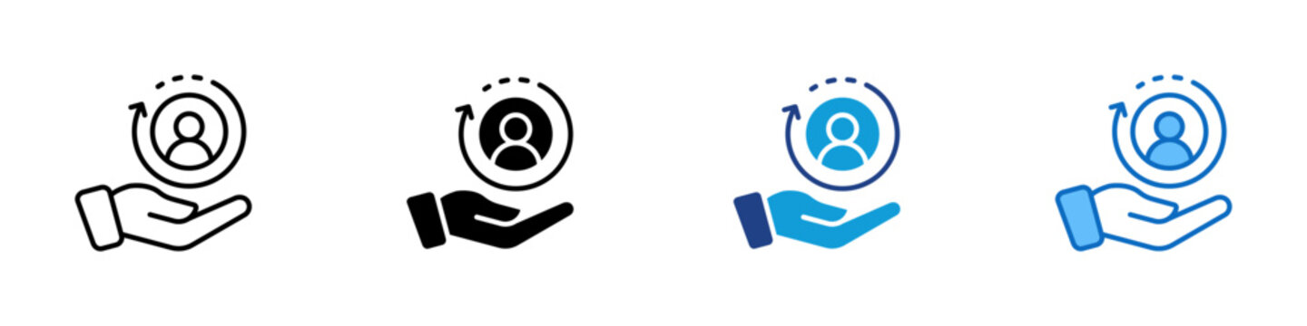 Customer Care Multiple Style Icon Design Vector - hand holding a user avatar encircled by a rotating arrow. Symbolizes customer care, user retention, and personalized service