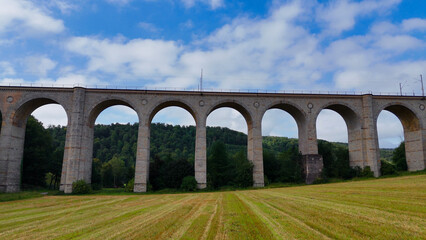 Fototapeta premium Aerial droe view of the huge stone Kleiner Viaduct, North Rhine Westphalia, Germany, July 15, 2024.