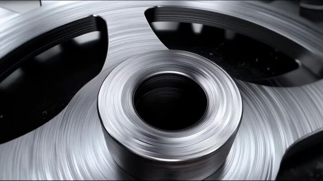 Golden and silver metallic gears interlock and rotate together in a close-up view