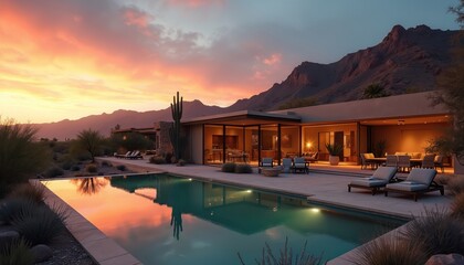 Desert sunset luxury home poolside view. Modern architecture villa residence in Arizona landscape. Property features swimming pool, water, sky, contemporary elegant design, vacation lifestyle,