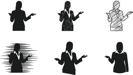 Business Silhouettes in Six Artistic Styles Featuring Questioning Gestures for Professional, Editorial, and Design-Themed Content