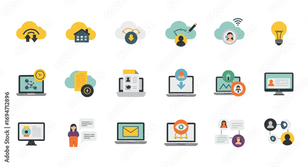 Poster flat design cloud computing and business technology icons set