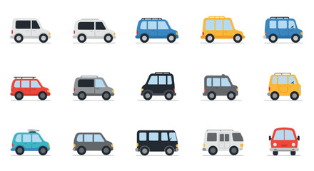 Fototapeta premium Colorful collection of minimalist flat cars in various styles and colors