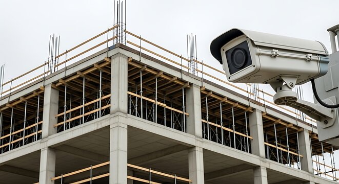 Security camera overseeing construction site with exposed concrete and wooden beams, ensuring safety and monitoring progress in building development project