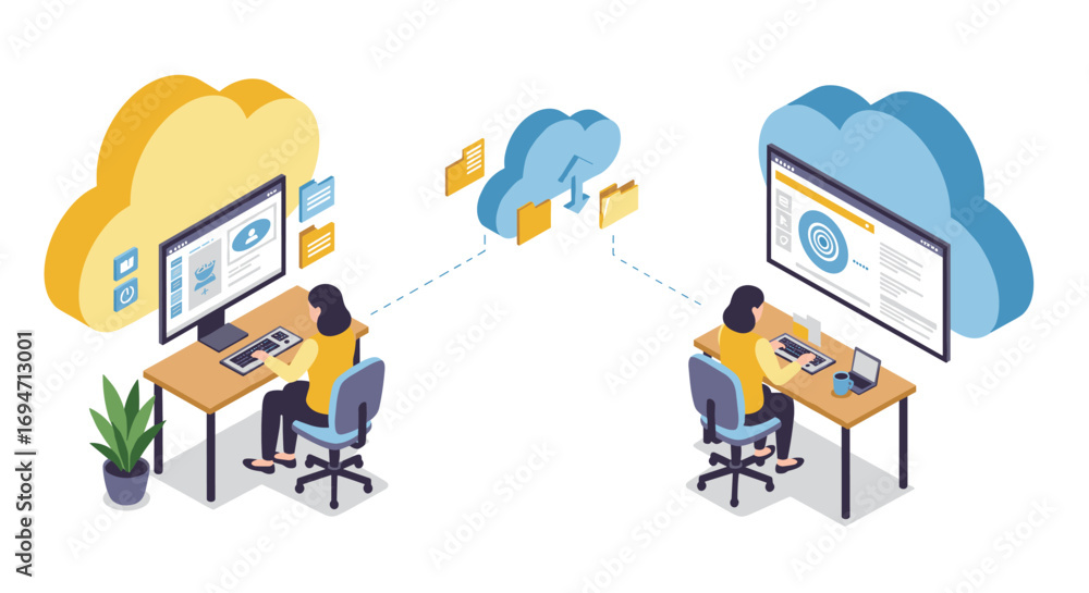 Poster cloud computing network concept with people collaborating online in isometric style