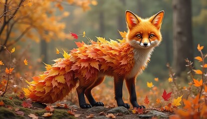 Fototapeta premium Enchanting fox adorned with vibrant autumn leaves in a magical forest setting
