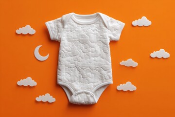 Baby white onesie on an orange background. Fashion newborn clothes. Flat lay, top view. Kids soft clothing, soft toys, moon, stars, clouds. Infant trendy bodysuit made of organic eco friendly cotton.