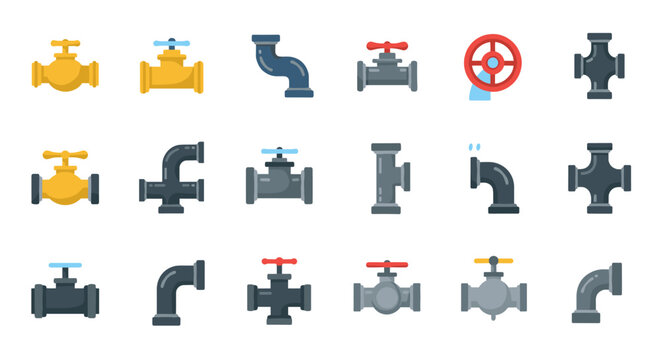 Colorful plumbing pipe icon set with various valve designs and shapes