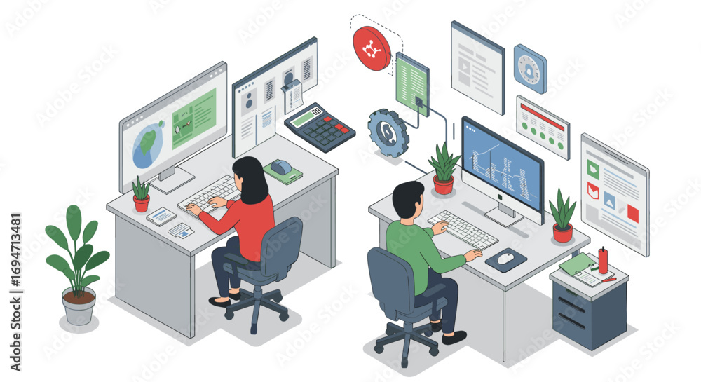Poster isometric office workspace with two professionals analyzing data on computers