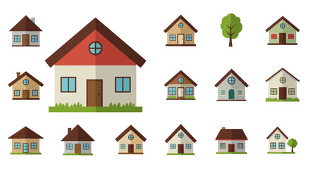 Fototapeta premium Collection of simple flat style houses and trees