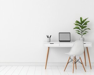 Compact workspace in white cube room, ultraminimalist design