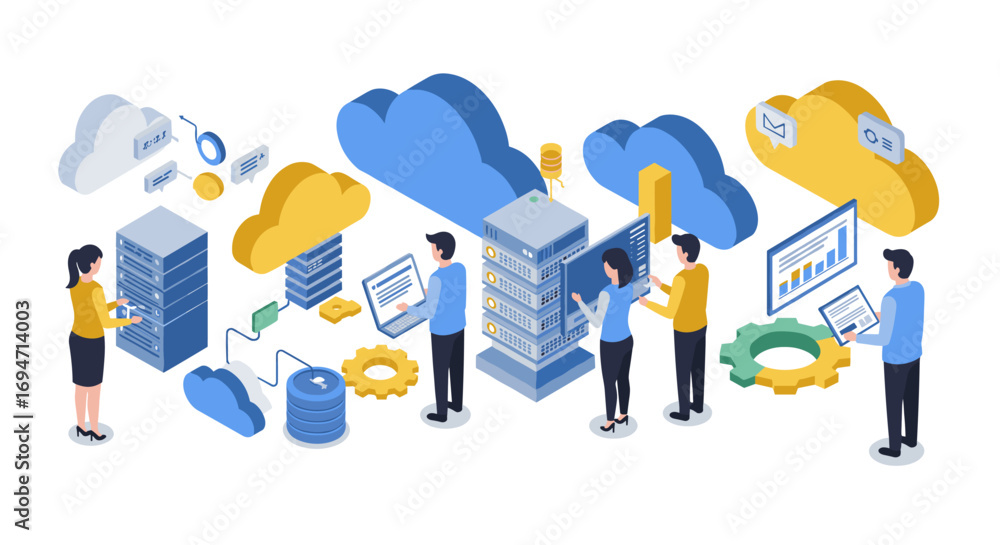 Aufkleber cloud computing technology isometric concept with data storage and collaborative teamwork