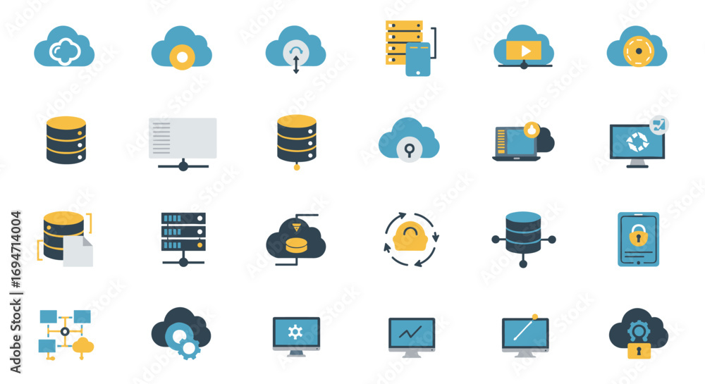 Poster cloud technology icons in flat design highlighting data security and network management