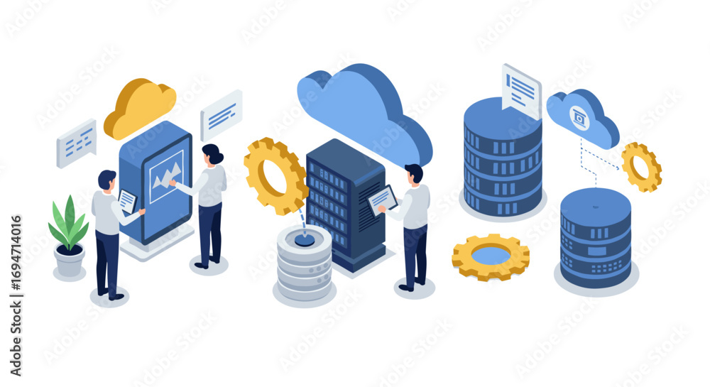 Poster isometric cloud computing concept with businessmen and data servers