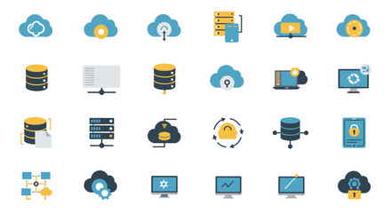 Cloud technology icons in flat design highlighting data security and network management