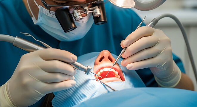 Close-up view of a dentist performing a dental procedure with precision instruments and magnified vision.